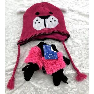 Kids Pink Animal Face Trapper Hat and 2-in-1 Fuzzy Gloves Set 9533-H-XN-I